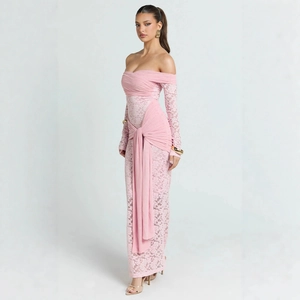 Detailed view of pink strapless lace dress with side drawstring and pleated texture