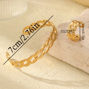Parure bracelet ouvert et bague en acier inoxydable plaqué or 18K avec texture de maille