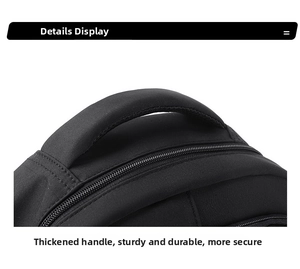 Detail view of thickened handle and double zippers on durable black nylon backpack