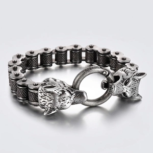 Men Wolf Head Bracelet Stainless Steel Motorcycle Bike Chain Jewelry Punk Rock Biker Retro Aged Silver Finish Accessory