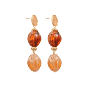 Retro amber and peach resin beaded dangle earrings with hammered gold metal accents