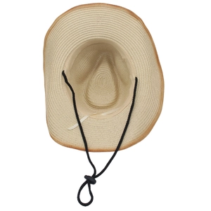 Detail of breathable straw cowboy hat showing weave texture and adjustable wind rope