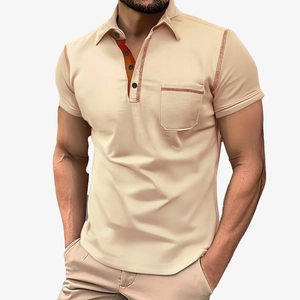 Men's beige short sleeve Henley polo shirt with chest pocket and orange contrast stitching