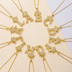 Alphabet Crown Pendant Necklace Copper Zircon Rhinestone Stainless Steel Chain Elegant Luxury Jewelry For Women Girls
