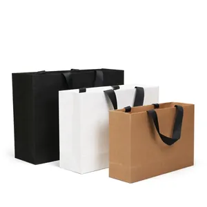 Paper Gift Bags Kraft Cardstock With Ribbon Handles Plain Blank For Shopping Party Wedding Minimalist Elegant Boutique