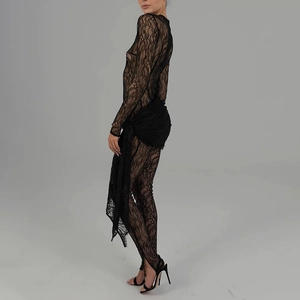 Sexy black lace long sleeve jumpsuit with cutout detail and sheer mesh for women