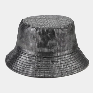 Chic silver holographic bucket hat with metallic pleated texture and classic round top
