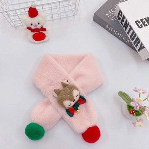 Pink plush kids scarf with cute Christmas reindeer, red bow and bells for winter warmth