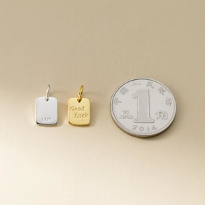 S925 sterling silver rectangular Good Luck pendants in gold and silver with coin for scale