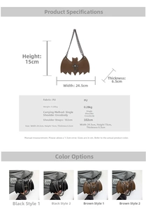 Halloween bat-shaped crossbody bag details with dimensions and silver chain strap features