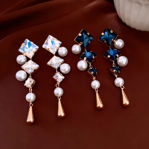 Vintage Geometric Long Dangle Earrings With 925 Sterling Silver Earring Post Alloy Rhinestone And Faux Artificial Pearl Gold Tone