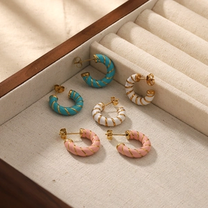 Colorful Enamel C-Shaped Stud Earrings Stainless Steel Twist Texture Candy Color Jewelry For Women Men