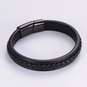 Classic men's braided leather bracelet with black magnetic clasp on white background
