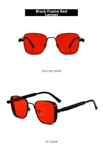 Front and 45-degree views of square steampunk sunglasses with black metal frame and red lenses