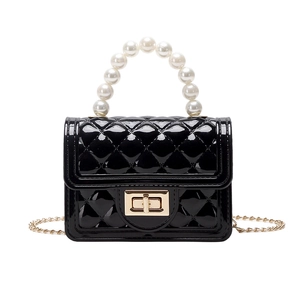 Mini black jelly bag with pearl handle, diamond quilt pattern and gold chain strap