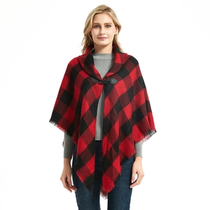 Classic red and black buffalo check poncho cape with leather toggle closure and fringe edge