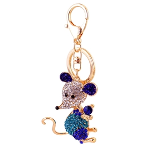 Cute crystal rhinestone mouse animal keychain with golden base and blue stones