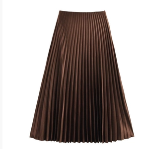 Elegant brown satin pleated midi skirt with a high waist and metallic glossy finish