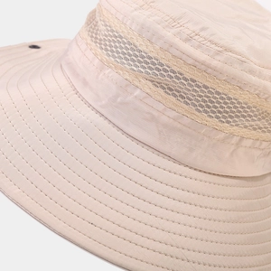 Detail of outdoor sun hat featuring breathable mesh panels and reinforced stitching