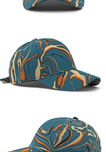 Close-up of baseball cap featuring unique blue and orange marble liquid flow patterns