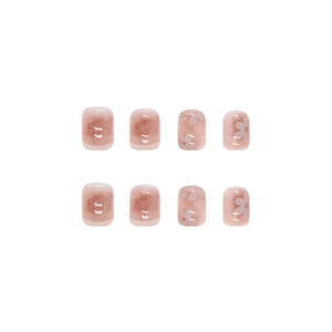 Short round pink gradient press-on nails with delicate white flower patterns