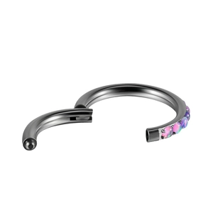 G23 titanium hinged septum ring in black finish with five pink-purple opal stones
