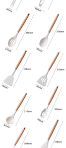 Detailed size guide for 14-piece silicone kitchen utensil set with wooden handles