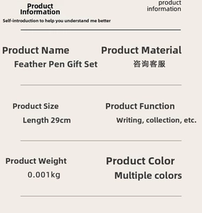 Detailed technical specification table for the rainbow feather pen gift set dimensions