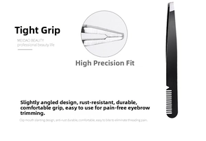 Close-up of black matte eyebrow tweezers with comb featuring a precision tight-grip design
