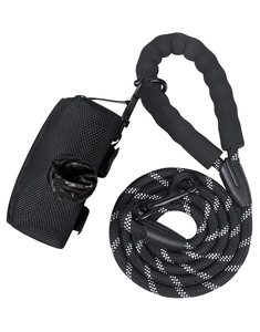 Detail of reflective round leash with foam handle and portable poop bag dispenser attachment