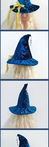 Detailed views of blue velvet wizard hat with gold stars and yellow chiffon ribbon bow