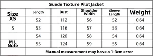 Size chart detail for suede bomber jacket with measurements from XS to L in centimeters