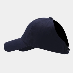 Side view of dark blue ponytail sun hat with large cutout for high bun hairstyle