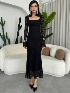 Elegant black square neck lace dress with slim fit and flared sleeves for evening wear