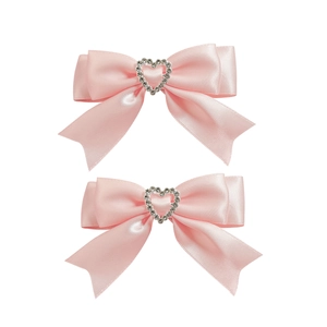 Barrettes à nœud rose en satin avec strass en cœur au centre, style doux et mignon