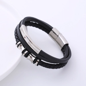 Men's multi-layer woven black leather bracelet with polished stainless steel magnetic clasp