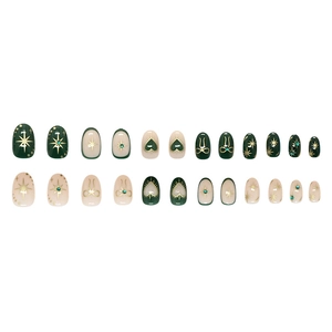 Vintage green glitter star and bow short oval press-on nails set with 24 pieces