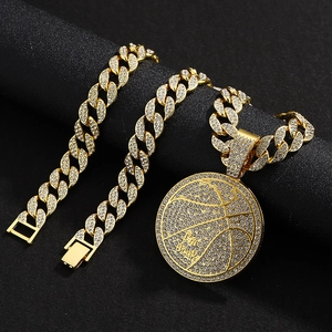 Golden hip hop cuban link jewelry set with a crystal iced out basketball Beak pendant