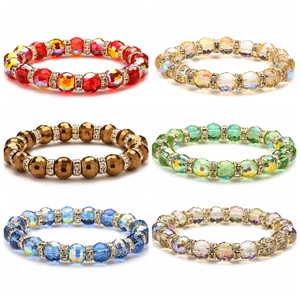 Faceted Glass Crystal Beaded Bracelet Shiny Earth Beads With Rhinestone Spacers Elastic Stretch Jewelry For Women