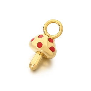Golden stainless steel mushroom pendant with red enamel dots for DIY jewelry making