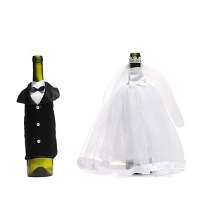Wedding wine bottle covers set with black tuxedo and white bridal lace dress decorations