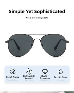 Close-up of classic aviator sunglasses featuring a black double-bridge metal frame design
