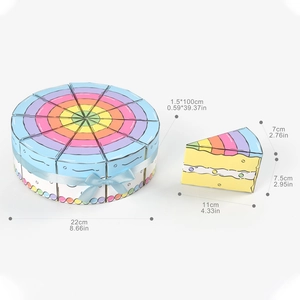 Rainbow cake shaped gift box set with blue ribbons and dimensional measurement details