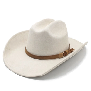 Classic cream suede cowboy hat with a brown leather fringe band and gold buckle
