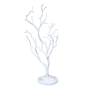 White coral tree jewelry display stand with branch hooks and round base for necklaces