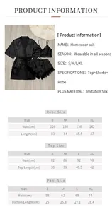 Detailed size chart for women's three-piece imitation silk sleepwear robe and pajamas set