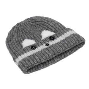 Bonnet en tricot motif chien gris foncé avec rayures blanches et visage d'animal
