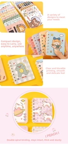 Detail showing portable A7 spiral notebooks with cute cartoon bear and dinosaur covers