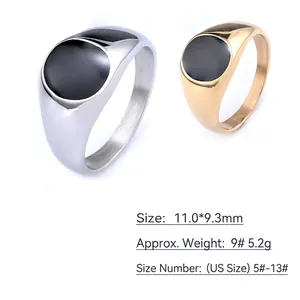 Gold and silver minimalist stainless steel signet rings with black enamel inlay circles