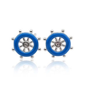 Detail view of S925 sterling silver ship wheel stud earrings with blue enamel and zircon